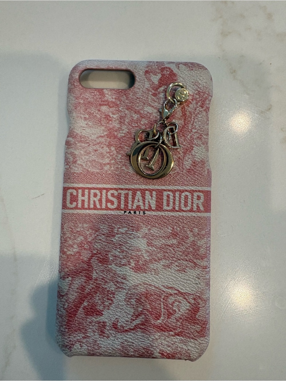 Dior Pink and White Toile de Jouy Logo iPhone Case with Gold Charm